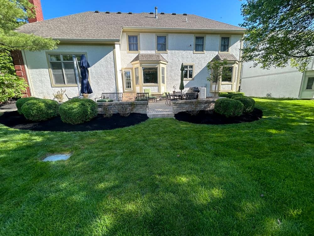 Backyard view of a house with patio, lawn, and landscaped shrubbery on a sunny day.