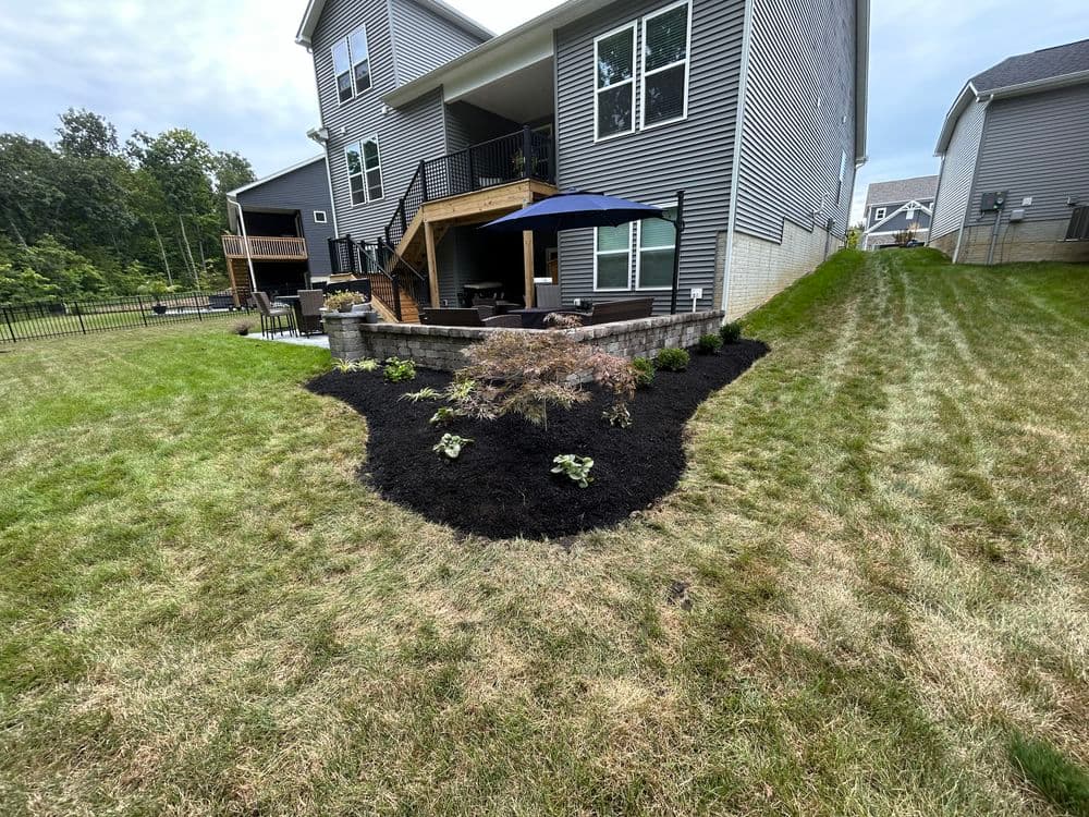 Lush backyard garden with mulch, plants, and a patio area next to a modern home.